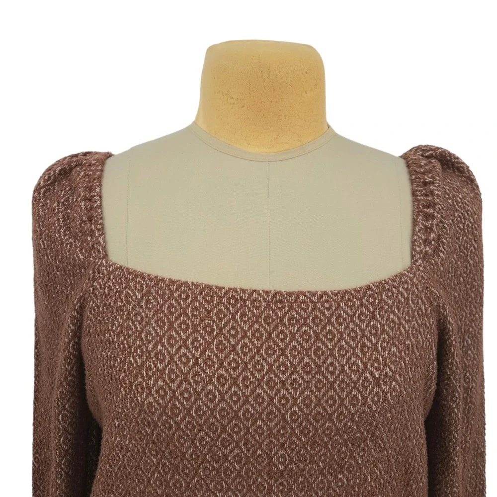 Madewell Womens Large Brown‎ Square Neck Puff Sleeve Knit Top Boho Casual Chic